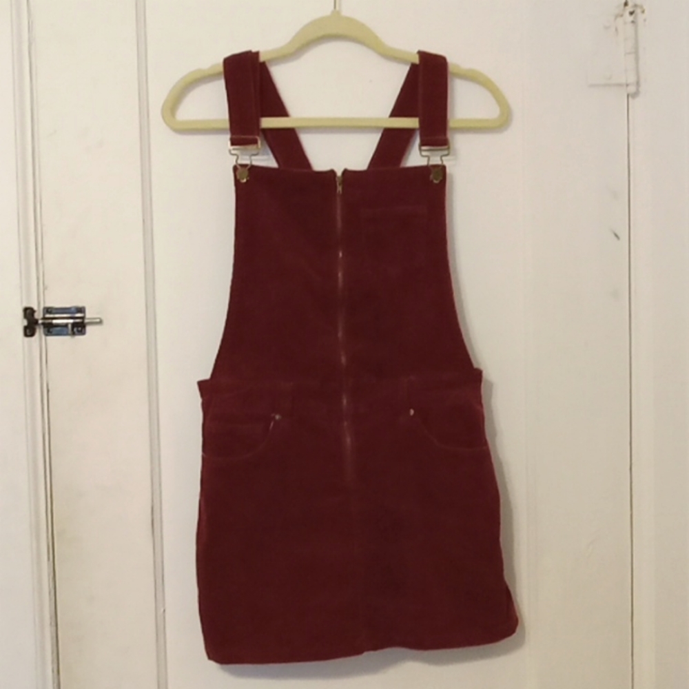 Indigo Rein, maroon velvet/corduroy, dress/overalls